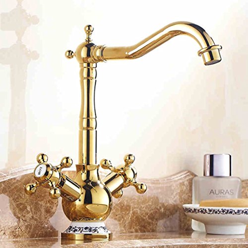 QKR&Retro rubinetto, Continental oro rubinetto pieno di rame high-end caldo e freddo rubinetti doppio manico miscelatore lavabo foro porcellana classica rubinetto in stile europeo